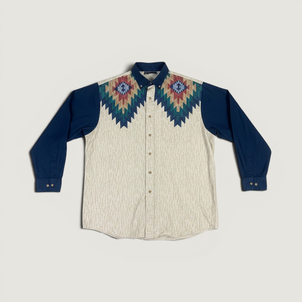Vintage Saguaro Mens XL Southwestern Aztec Print Button Down Shirt Navy Cream